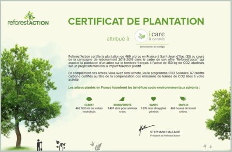 I Care compense la totalité de ses émissions de GES en finançant un projet de diffusion de cuisinières améliorées en Chine et un projet de plantation dans les Landes
